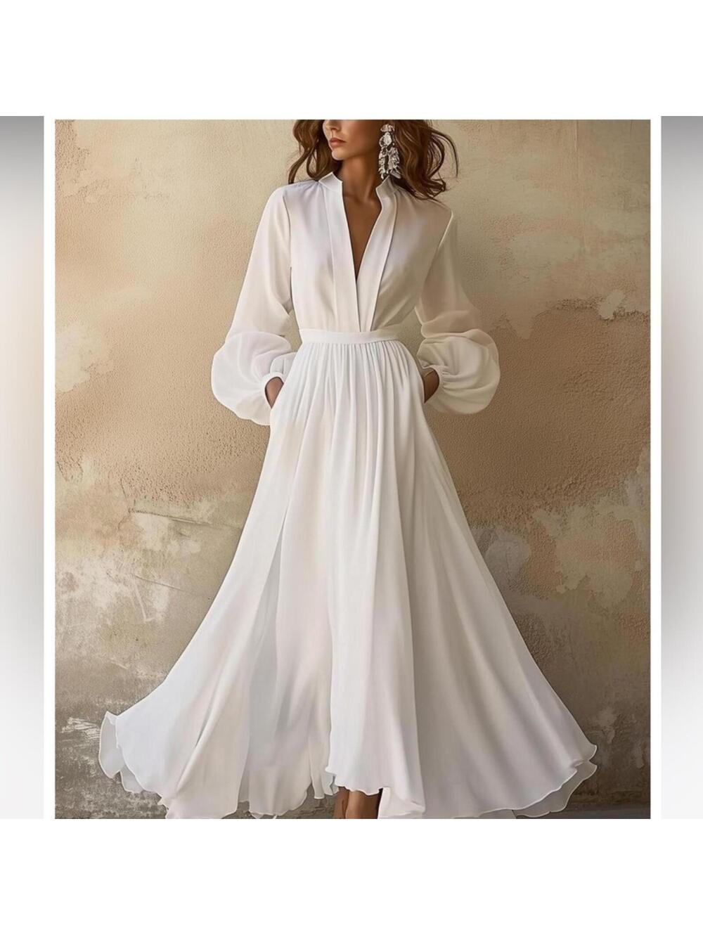 Elegant White Long Sleeve Maxi Dress with Pleated Skirt